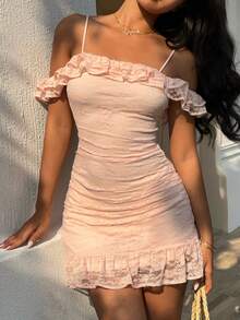 Sunnyshic Women's New Year, Halloween, Christmas Themed Dresses, Thanksgiving Outfits, New Arrivals, Summer, Spring, Autumn, Winter Suitable For Parties, Commuting, Daily Outings, Vacations - Women's Pink Dress, Summer Dress, New Year's Eve Dress, Christmas Party Dress, Elegant Party Dress, Sweet & Elegant Double Ruffle Collar, Pleated Waist Fitted Dress With Spaghetti Straps - Pink - View 8