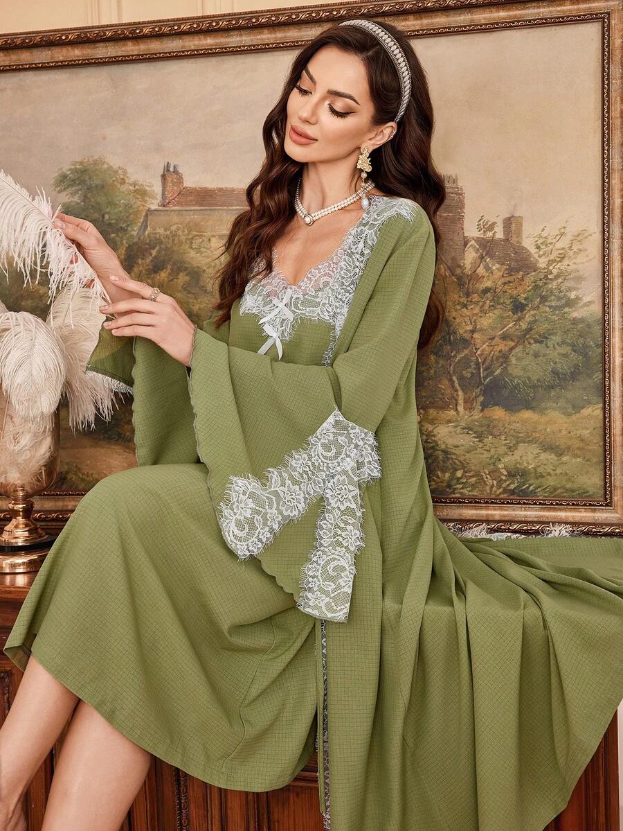 SHEIN Women's Palace Style Textured Jacquard Comfortable Spaghetti Strap Long Nightgown And Robe 2 Pieces Set - Olive Green - View 1