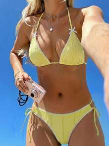 Swim Vcay Women's Sweet Bow Embossed Bikini Set, Beach Vacation Summer - Yellow - View 1