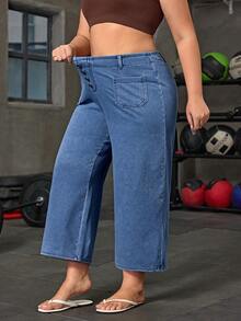 Flexra Quần jeans ống rộng cạp cao có cúc và túi dành cho nữ cỡ lớn, kiểu dáng thường ngày. - Rửa trung bình - Xem 6