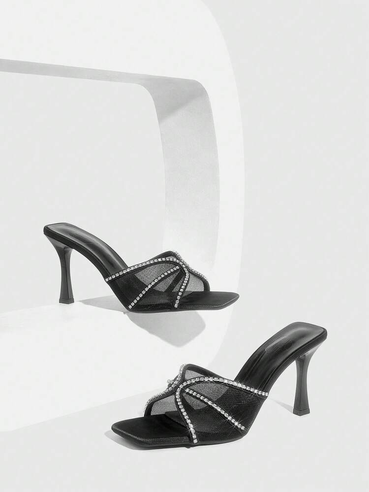 CUCCOO SZL Women's Fashion Square Toe Thin High Heel Black Mesh Rhinestone Chain Open Toe High Heel Sandals, One-Piece Slip-On Sandals, Stylish Glamorous Sexy Party Sandals