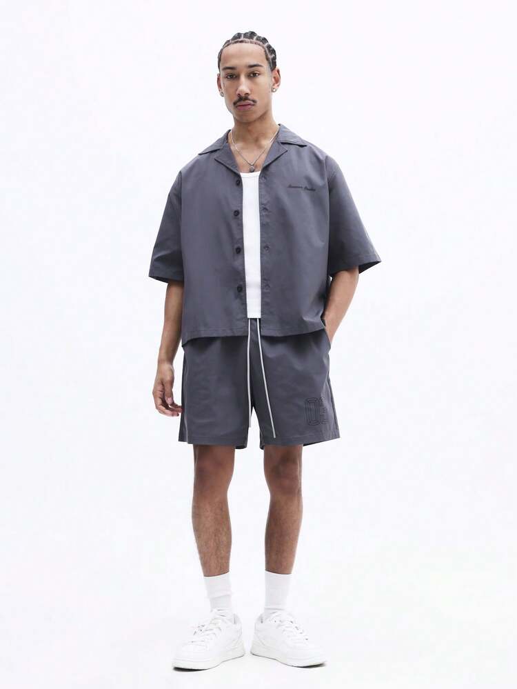 SUMWON Charcoal Button Front Shirt And Elastic Waist Shorts Matching Set With Digital Print Design