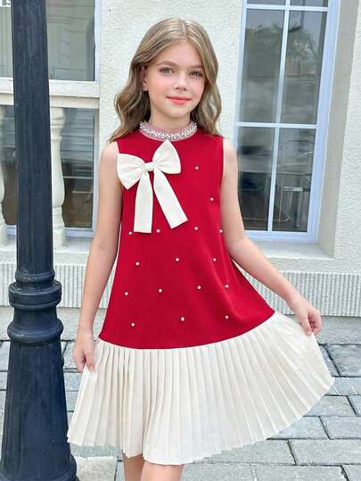 SHEIN ชุดเดรสสีแดงประดับมุกและโบว์สำหรับเด็กผู้หญิง Tween Girls Winter,Wednesday,Black Dress,Tween Girl คอกลม แขนกุด ประดับโบว์ มุก สีตัดกัน จีบระบายชายกระโปรง ชุดเดรสสีแดงสำหรับเด็กผู้หญิงประดับมุก ชุดเดรสสีแดงสำหรับเด็กผู้หญิง ชุดเดรสประดับมุกสำหรับเด็กผู้หญิง ชุดเดรสสีแดงประดับโบว์สำหรับเด็กผู้หญิง