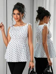 Momance 孕妇夏季休闲度假风波点印花打结肩部收腰背心 - 藍色 - 查看 6