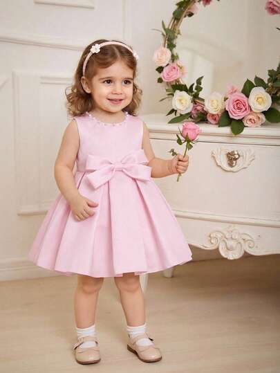 Baby Girls' Satin Formal Dress, High-End Handmade Beaded Bow Decor Backless Tie Maxi Skirt, Infant Birthday Party Wedding Flower Girl Dress, Suitable For Banquet, Party, Stage Performance