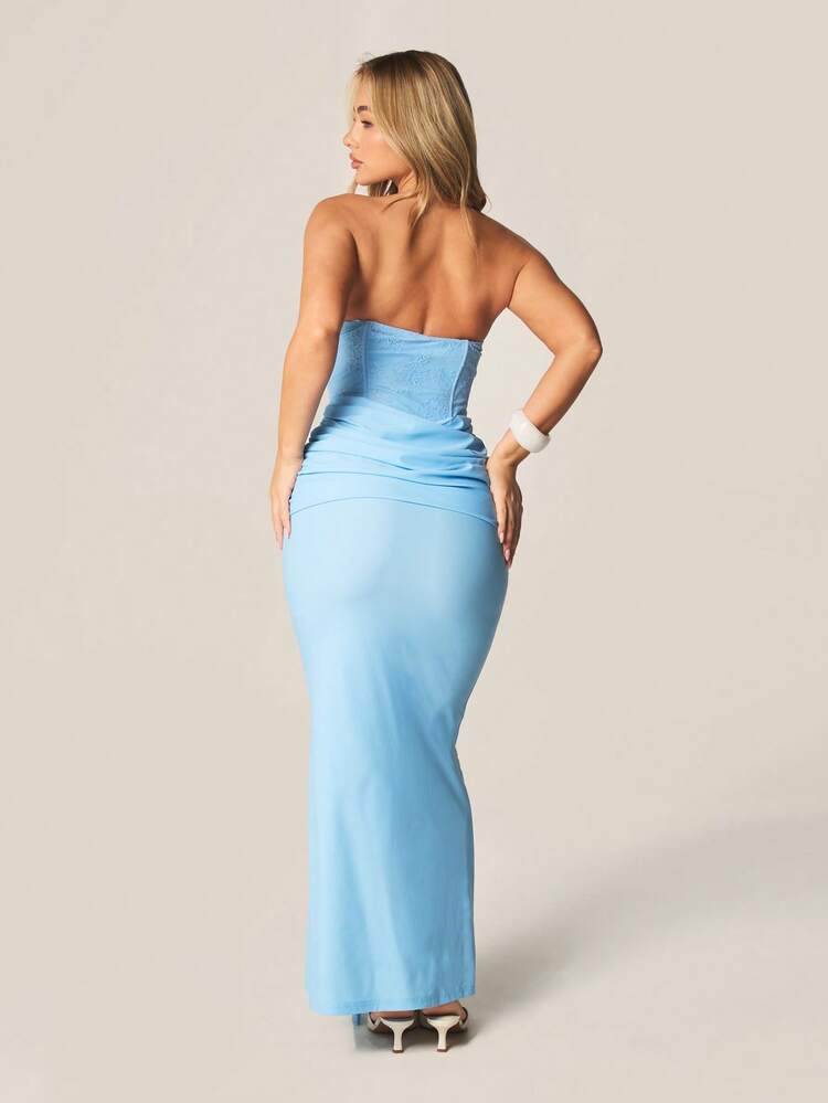 MISSGUIDED Strapless Light Blue Lace Corset Detail Maxi Dress With Front Tie And Fitted Silhouette For Special Occasions