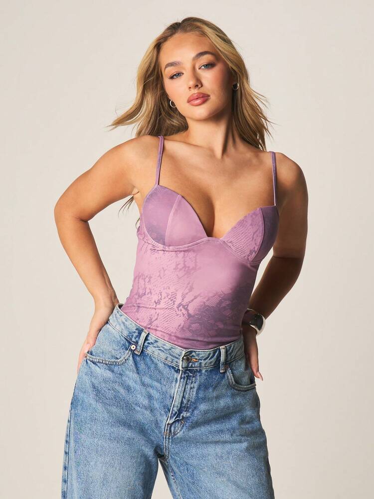 MISSGUIDED Snake Print Bustier Bodysuit With Adjustable Straps Lace Detail Sweetheart Neckline Form Fitting Top Spring Summer Fashion