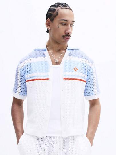 SUMWON Boxy Fit Crochet Resort Short Sleeve V-Neck Knit Top With Striped Pattern Summer Vacation Casual Mesh Style Top