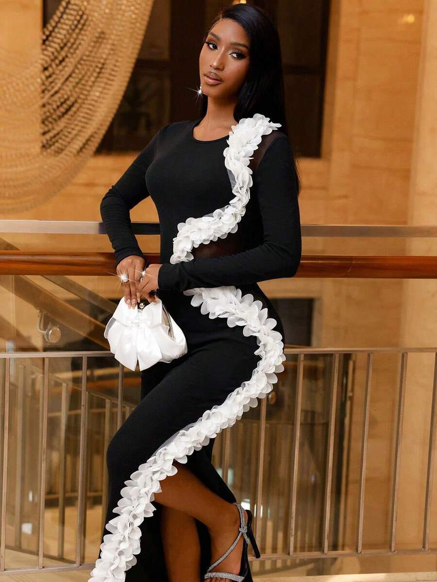 Lureya 女士时尚圆领不对称长袖 3D 花卉装饰拼接性感紧身迷你连衣裙，带网眼嵌件