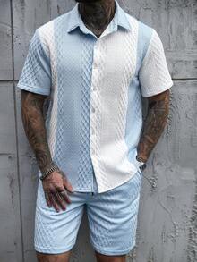 Manfinity Homme 男士撞色 Polo 领单排扣短袖衬衫上衣和短裤休闲日常穿搭 - 彩色 - 查看 6