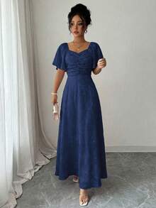 Modelyn Elegant V-Neck Ruffle Sleeve Ruched Waist Dress, Pink, Summer - Royal Blue - View 7
