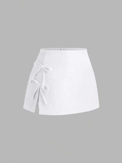 Sweetra Petite Autumn/Winter Bow Tie Waist Sexy Slit A-Line Black Mini Skirt For Petite Women