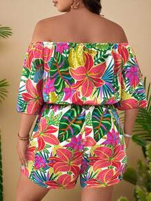 SHEIN Clasi Mono informal con hombros descubiertos y estampado para mujer talla grande - Multicolor - Ver 2