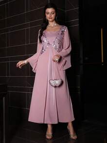 Layrah Elegante vestido de cuello cuadrado con bordado de cuentas y mangas acampanadas 2 en 1, para primavera/verano - Rosa - Ver 6