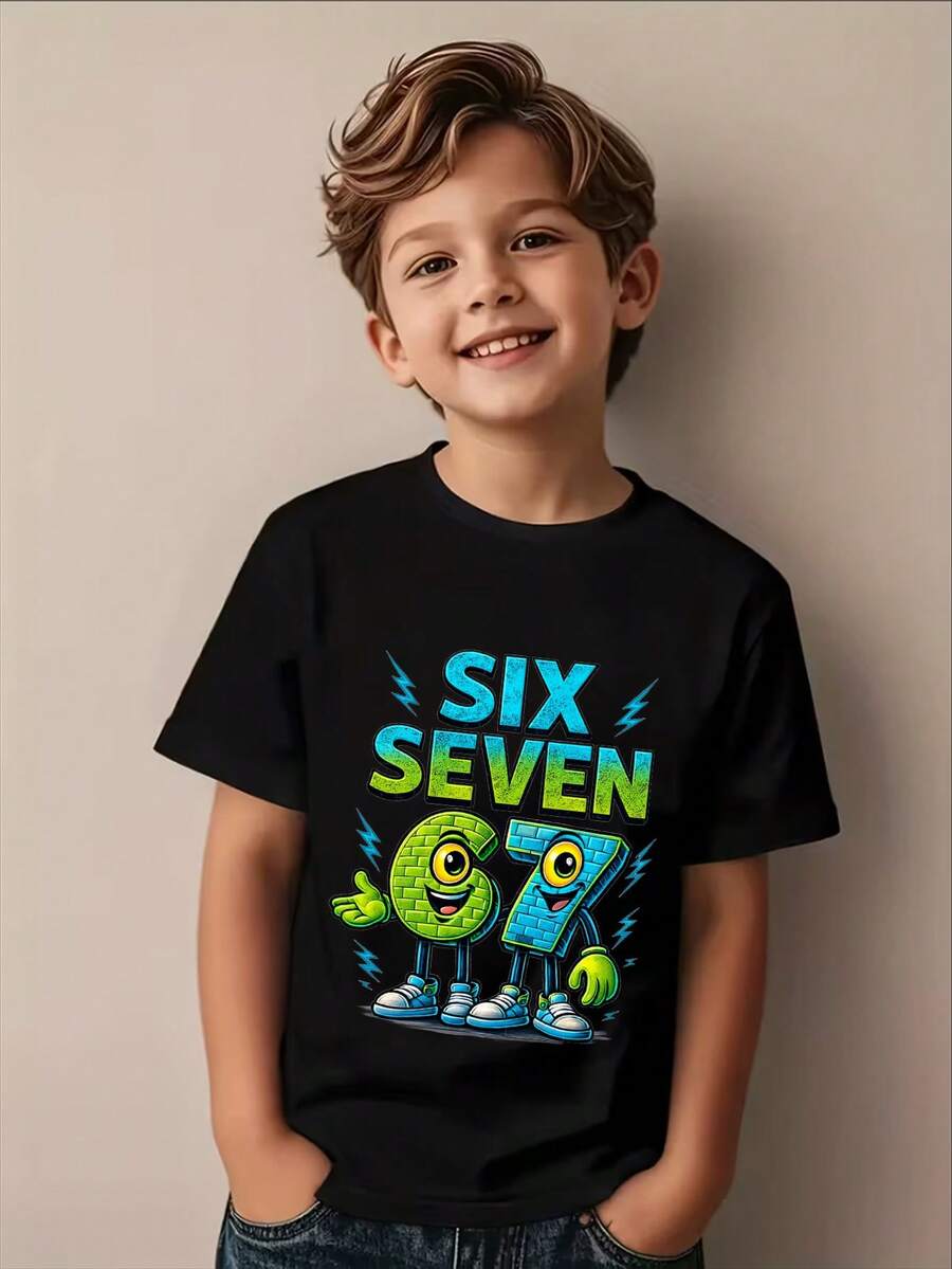 SHEIN Kaos Lengan Pendek Kasual Kreatif Motif Sepak Bola Robek untuk Anak Laki-laki Remaja, Cocok untuk Liburan Musim Panas Bersama Kakak/Adik - Hitam - View 1