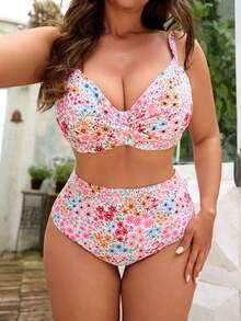 Swim Mod 2026新款夏季海滩度假优雅甜美抽象扎染印花扭结前襟加大码泳装套装 - 彩色 - 查看 1