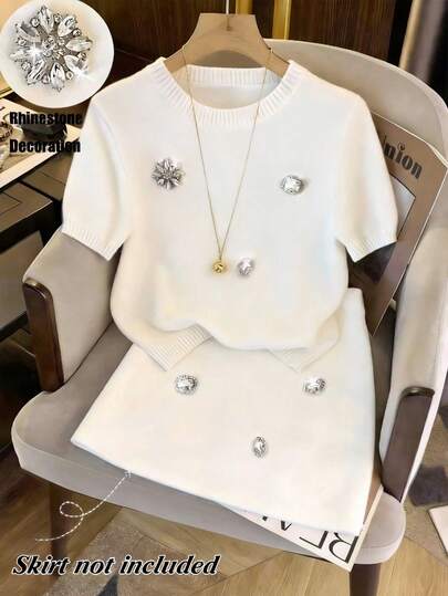 GlowEve 女士圆领水钻装饰短袖毛衣，春夏款