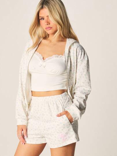 MISSGUIDED Pantalones cortos de mujer con estampado floral, cordón y cintura elástica, ajuste relajado, cómodos para estar en casa, shorts casuales de verano