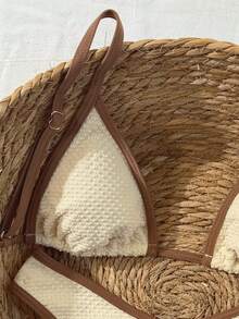 SHEIN Swim Vcay 2026春夏可调节细肩带棕色露背杏色波点侧高衩泳衣，甜美度假比基尼两件套女式泳衣 - 杏色 - 查看 5