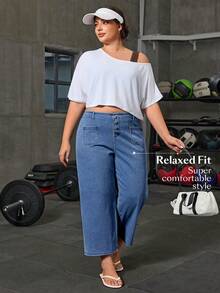 Flexra Quần jeans ống rộng cạp cao có cúc và túi dành cho nữ cỡ lớn, kiểu dáng thường ngày. - Rửa trung bình - Xem 3