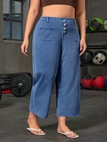 Flexra Quần jeans ống rộng cạp cao có cúc và túi dành cho nữ cỡ lớn, kiểu dáng thường ngày. - Rửa trung bình - Xem 5