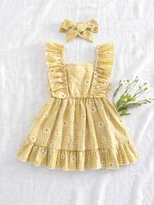 Vintaside Kids 女婴夏季黄色格子雏菊印花荷叶边吊带连衣裙，田园风格，清新图案，适合户外、度假、休闲和派对场合 - 黃色 - 查看 3