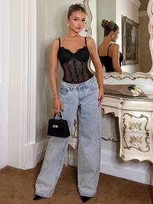 Glamine Charm Sexy Elegant Lace Patchwork Mesh Underwire Structured Striped Camisole Camisole - Black - View 3