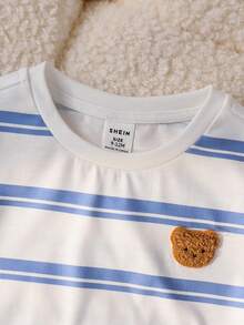 SHEIN 2pcs/Set Baby Boy Summer Casual Cute Striped T-Shirt And Elastic Waist Shorts Set - Blue - View 3