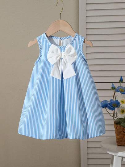 SHEIN 女婴无袖连衣裙，蝴蝶结撞色设计，法式优雅风格，适合春夏生日派对，简约精致