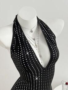 Elamini Sexy Glitter Deep V-Neck Tie-Up Bodycon Backless Romper, Spring - Black - View 5