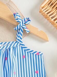 SHEIN Playful Pals 女婴服装 女婴连衣裙 全花卉图案 吊带蝴蝶结 夏季优雅清新连衣裙 - 藍色 - 查看 4