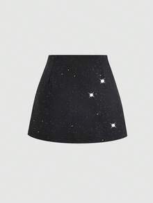 Sweetra Falda de moda brillante con dobladillo asimétrico de unicolor para mujer - Negro - Ver 2