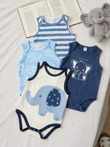 SHEIN Conjunto de 4 piezas de pelele sin mangas con estampado de elefante para bebé recién nacido unisex niño/niña, ropa de bebé para primavera/verano - Azul - Ver 3