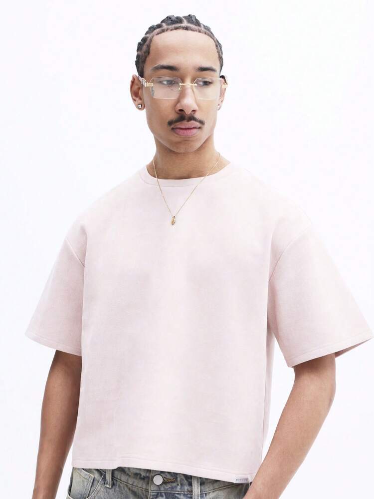 Boxy Fit Embroidered Suedette Tee With Crew Neck