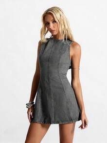 Jeanoix 女士纯色无袖露背系带时尚牛仔夏季连衣裙 - 深灰色 - 查看 9