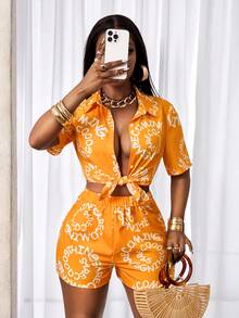 BamGleam Conjunto casual de 2 piezas para mujer con camiseta con estampado total y fruncido delantero, y shorts de cintura elástica, conjunto de playa para mujer, conjunto de vacaciones para mujer, ropa de verano de 2 piezas para mujer, conjunto casual de 2 piezas para mujer - Amarillo - Ver 7