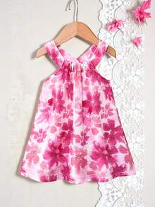 SHEIN Playful Pals 女婴碎花彩色吊带连衣裙，优雅休闲可爱夏季度假装 - 粉色 - 查看 4