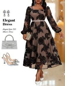 SHEIN Lady Elegant Spring Formal Wedding Dresses,Shades Of Brown Vintage Embroidery Square Neck Ball Gown Modest Plus Size Long Bishop Sleeve Cocktail Party - Pink - View 3