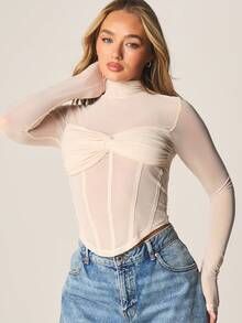 MISSGUIDED Áo lưới dài tay cổ cao kiểu corset với chi tiết ngực và dây buộc phía trước, thích hợp để phối đồ mùa thu đông. - Màu be - Xem 4