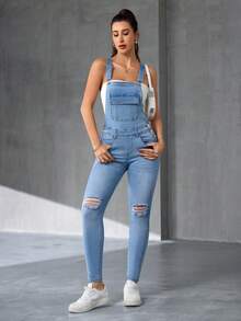 Flexra 女士纯色简约休闲牛仔连体裤 - 淺色水洗藍 - 查看 5