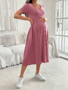 SHEIN 孕妇优雅V领短袖A字型纽扣装饰连衣裙 - 粉色 - 查看 3
