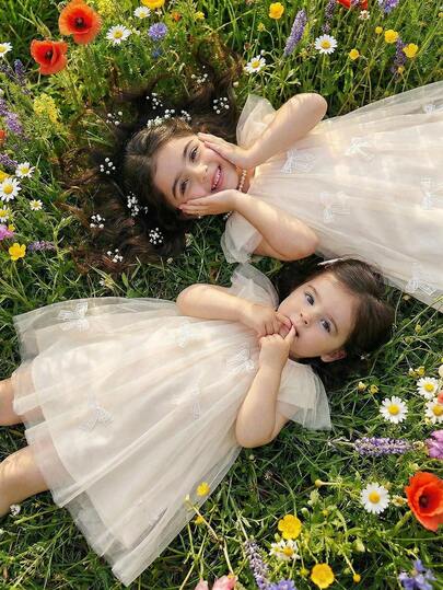 Young Girl' Elegant Cute Bow & Pearl Decorated Dress, Suitable For Casual Outings, Park, Vacation