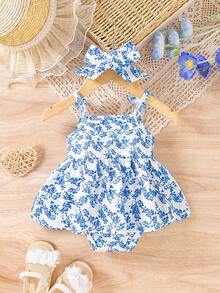 SHEIN 女婴碎花系带吊带连衣裙 - 藍色 - 查看 2