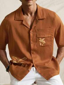 Airaco 男士热带棕榈树印花翻领拼接口袋短袖休闲度假衬衫，夏季 - 棕色 - 查看 3