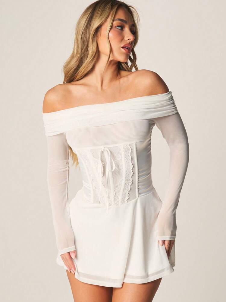 MISSGUIDED Off Shoulder Chiffon Mini Dress With Corset Lace Up Detail Long Sleeve Party Evening Dress