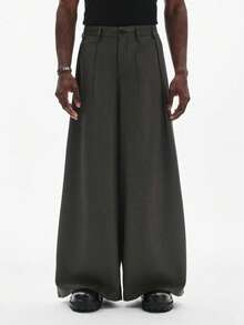 STYNVO 男士休闲纯色高腰宽松阔腿裤，前缝设计，百搭黑色超大款长裤，街头风男装，新年礼物，复古商务休闲裤，男女皆宜，日常男友/老公礼物，周年纪念礼物，带刺绣细节的男士褶裥裤，棕色正装裤，褶皱裤 - 煙灰色 - 查看 4