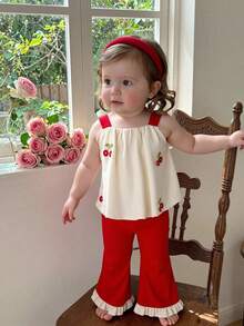 SHEIN 2pcs Baby Girls Butterfly Embellished Tank Top And Pants Set, With 3D Cherry Red Pants And Ruffled Hem Cream White Camisole - Multicolor - View 9