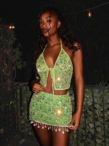 EgrlEra Women's Sexy Elegant Sheer Embroidered Bowknot Spaghetti Strap Backless Camisole Top, Suitable For Spring, Summer, Autumn - Mint Green - View 4
