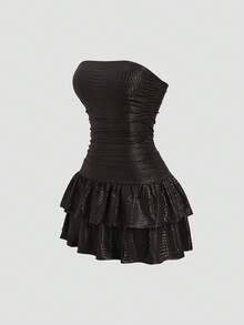 Sweetra Nouvelle robe mini élastique en PU à motif crocodile bordeaux pour femmes, convenant pour le travail, les sorties décontractées, les soirées sexy, les fêtes de rue et les boîtes de nuit. Coupe gâteau, ourlet évasé, taille froncée, sans bretelles. - Marron - Voir 6