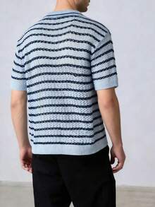 Airaco 2026春夏男士条纹休闲百搭通勤针织短袖上衣 - 藍色 - 查看 2